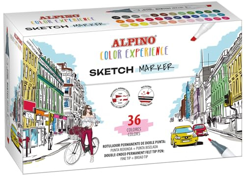 Alpino Marqueurs artistiques permanents à base d'alcool | Parfait pour Manga, Comic, design et illustrateurs | 36 couleurs | Double pointe : pointe fine de 1 mm ; pointe biseautée de 6 mm.
