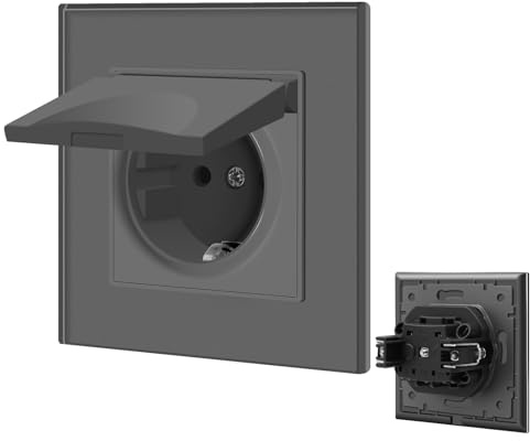 BSEED Steckdose 1 Fach mit Wasserdichter Abdeckung, Unterputz Steckdose mit Steckklemme mit Kristall Glas Platte, Einbausteckdose 16Amp Wandsteckdose 86mm, Grau
