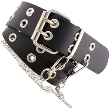 osiuujkw Glattleder Hosengürtel, langlebiges Leder mit verstellbarem Unisex Doppelloch Leder Nietengürtel, Ledergürtel, Schwarz+Kette
