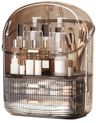 DASITON Großer Make up Kosmetik Organizer mit 2 Schubladen, Staubdichte Kosmetik Aufbewahrung mit Deckel, Cosmetic Skincare Organizer für Schminktisch, Badezimmer, Schlafzimmer (Braun)