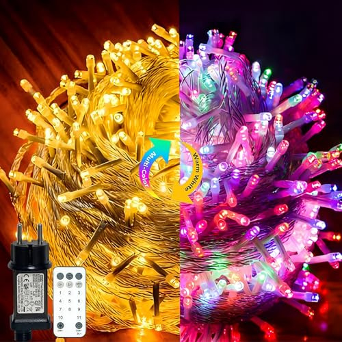 Hopelit Lichterkette Außen Innen, 20M 200 LED Lichterkette Außen Dimmbar Warmweiß + Bunt mit Stecker und Fernbedienung, 11 Modi, Speicherfunktion und Timer, Lichterketten für Balkon,Hochzeit