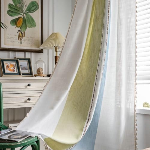 Bishilin Vorhänge Halbtransparent mit Stangendurchzug, Vorhänge Blau Grün 2er Set Landhausstil Blau Grün Streifen mit Stickerei Gardinen Lichtdurchlässig Wohnzimmer Küche 132x180CM