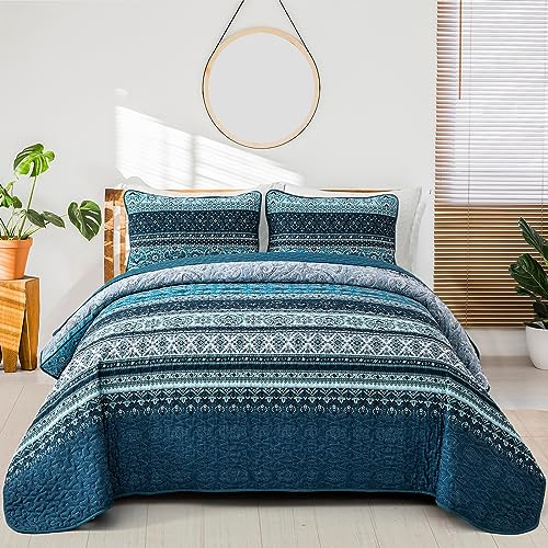 WONGS BEDDING Couvre-lit 220 x 240 cm - Style bohème - 3 pièces - Lit double - En microfibre - Avec 2 taies d'oreiller - 50 x 75 cm - Pour chambre à coucher - Jeté de canapé - Bleu foncé