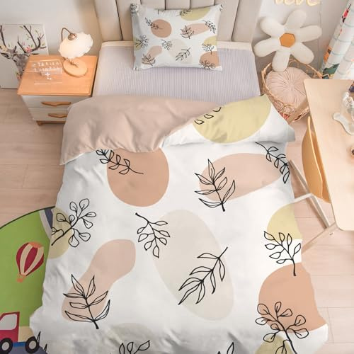 Linfye Kinderbettwäsche 100x135 cm Baby Bettwäsche Set Weiße Blätter Weich Bettbezug 2 Teilig mit Reißverschluss - Braune Pflanze Kinder Bettbezüge 100 x 135 cm + 1 Kissenbezug 40x60 cm