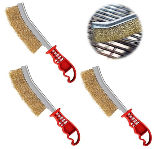 3 Stück Messingbürste Grill,Messingbürste,Grillbürste Messing | Messingbürste Grill Gusseisen,Handdrahtbürste,Mit Gebogener Kunststoffgriff Fur Die Reinigung Von Schweißschlacken Und Rost