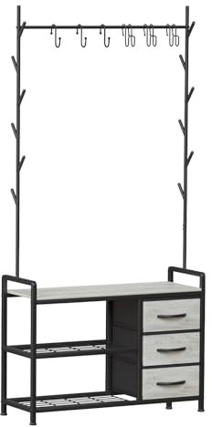 Leader Accessories Garderobenständer mit Bank Metallgarderoben rustikal Kleiderständer 176x30x84cm (HxTxB) Schwarz/Hellgraue Holzmaserung
