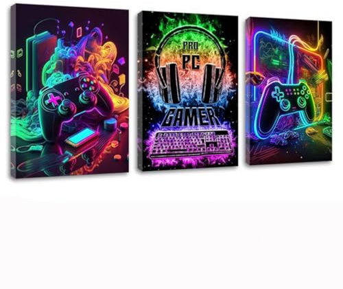 AOSEE 3 Stück Gaming Poster mit Rahmen,Gaming Bilder,Wandbilder Set Wohnzimmer,Wandbilder für Jungen Teenager Schlafzimmer Spielzimmer Kinderzimmer Geschenk Dekor 30×40cm (Neon)
