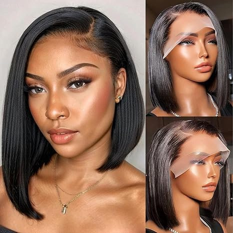 Short Bob Wig Perücke Echthaar Human Hair Glueless Wig 13x4 Lace Frontal Wig Perücke Natur Schwarz Transparent Lace Front Wig Pre Plucked with Baby Hair (black bob human hair, 10 Inch)