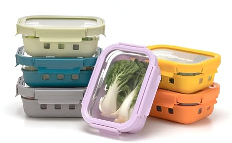 QuaLife Glas Lunchbox Set 6 x 640 ml mit Silikon-Schutzmantel & Glasdeckel, Auslaufsicher, Meal Prep Behälter aus Borosilikatglas, Stapelbar, Mikrowellen-, Ofen- & Spülmaschinengeeignet, BPA-frei