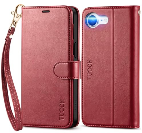 TUCCH Étui Portefeuille pour iPhone 17e/16e 5G, Rouge Foncé avec Dragonne | TPU Anti-choc, Blocage RFID, Emplacement Carte, Simili Cuir Béquille