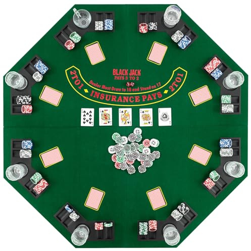 DREAMADE Faltbarer Pokerauflage für 8 Spieler, Pokertisch Spieltisch Matte mit Getränkehalter & Tragetasche inkl., achteckig Holzverstärkt, Pokermatte 120 x 120 cm