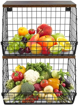 HUOLE Panier a Fruit etagere de murale cuisine, Rangement de cuisine empilable, Avec un Couvercle en bois et 4 Crochets 2 Etages Corbeille a Fruit, pour Fruit Basket pour Rangement Fruits et Légumes