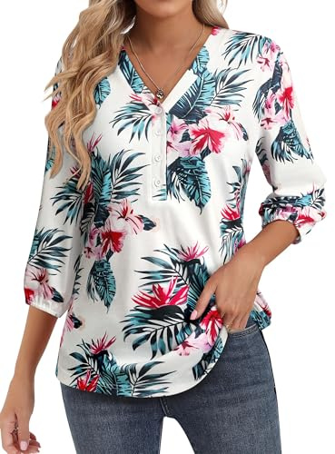WIEIYM Women Hawaiian Shirt Tropical Floral V-Neck Summer T-Shirt