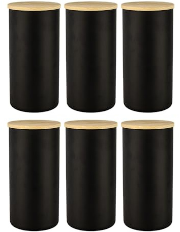 TREND FOR HOME 6 Schwarze Vorratsdosen Glas mit Deckel aus Holz Luftdicht 1385 ml/46.8oz Glasbehälter Vorratsgläser Set Tee Müsli Aufbewahrung Kaffeebohnen Behälter Gewürzgläser Eco Storage