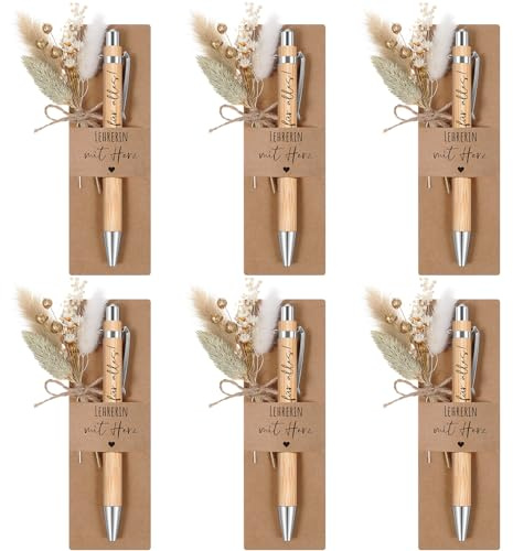 Hestya 6 Set Lehrerin mit Herz Kugelschreiber mit Gravur Geschenke | 6 Holz Kugelschreiber, 6 Echtem Trockenblumenstrau, 6 Stifthalter aus Papier, Abschiedsgeschenk für Lehrerin Kollegen