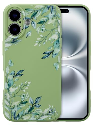 Raleavo Skal för iPhone 16 på 6,1 tum, flytande silikon, mönster med söta blad och blommor, tunt och mjukt, skyddande fodral i gummi, grönt