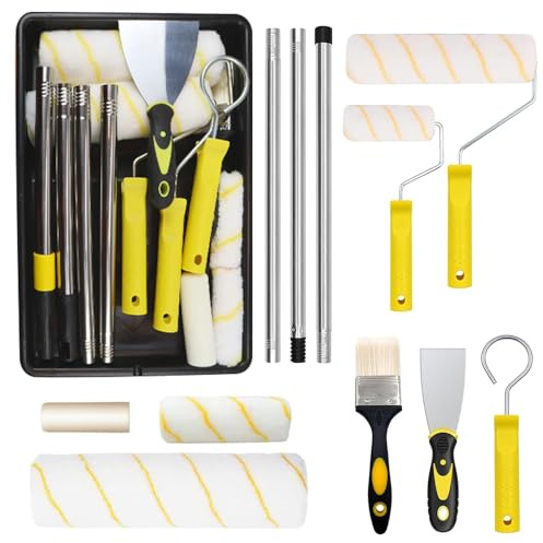 Afenau 14 PCS Paint Rollers and Trays Sets, 4+9 Paint Roller Set with Extension Pole and 5 Roller Sleeve, Rollers for Painting, Paint Tray and Roller Set, Long Paint Roller Decorating for DIY Paint