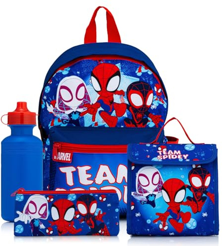 Marvel Spidey & His Amazing Friends Backpack 4 Piece School Set | Includes Backpack, Lunch Box, Water Bottle, and Pencil Case | Boys Back to School Essentials | Kangaroo Pocket & Mesh Side Pocket
