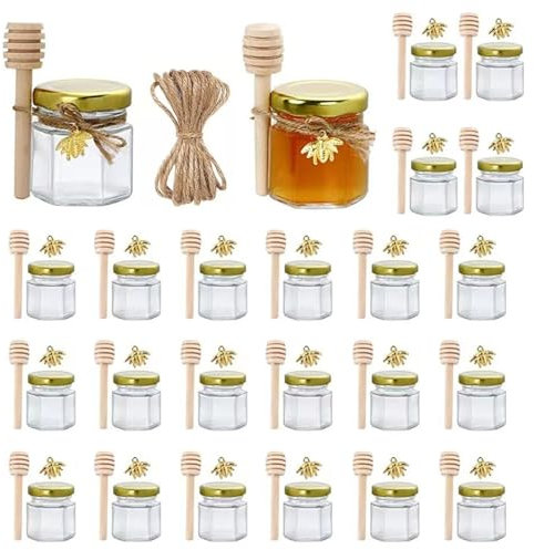 Lot de 24 mini pots à miel hexagonaux en verre de 42,5 g avec couvercles (doré), bâtonnets de miel en bois, pendentifs abeilles, ficelle de jute pour miel, cadeaux de mariage, confitures. Petits pots