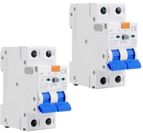 Fi Schutzschalter 16A 30mA 2 Polig,Fi Schalter Typ AC,Sicherungsautomat 16A | Fehlerstromschutzschalter, RCBO 6KA Schutzschalter AC mit Ableitstromschutz,Überstromschutz,Kurzschlussschutzgerät-2PCS