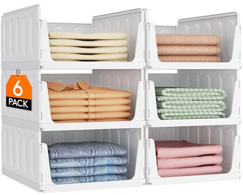 Lifewit Organizador de Armario Apilable, Cajas de Almacenaje Extensibles para Ropa, Camisetas y Pantalones, Cajones de Plastico para Separadores Closet de Baño, Cocina y Camping, 24L, Blanco, 6 Pack