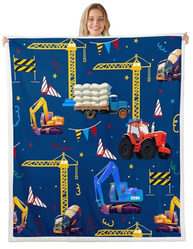 Loussiesd Manta de forro polar con diseño de camiones, tractores, cobija Sherpa para niños y niñas, decoración de coche para sala de estar, excavadora, decoración para sofá, cama, sofá, tamaño Queen