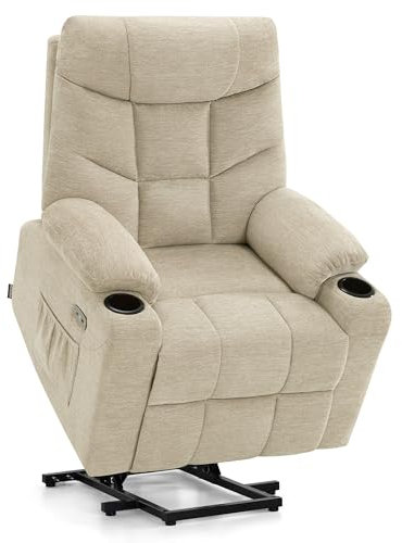 M MCombo Fernsehsessel mit Aufstehhilfe Elektrisch, Sessel mit Aufstehhilfe, fernsehsessel mit liegefunktion bis 140°, Seniorensessel für Wohnzimmer, mit USB 7286 (Beige-Stoff)