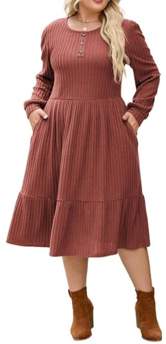 Casual Große Größe Damen Strickkleid Pulloverkleid Laternenärmel A-Linien-Kleid Warm halten Winter Langarm Knit Herbstkleid