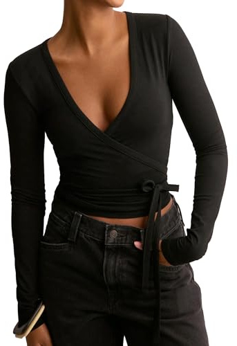 Damen Y2K Ballett Wickel-Oberteil Langarm Tiefer V-Ausschnitt Yoga-Workout-Oberteile mit Daumenloch Casual Slim Fit Party-Oberteil, D-schwarz, S