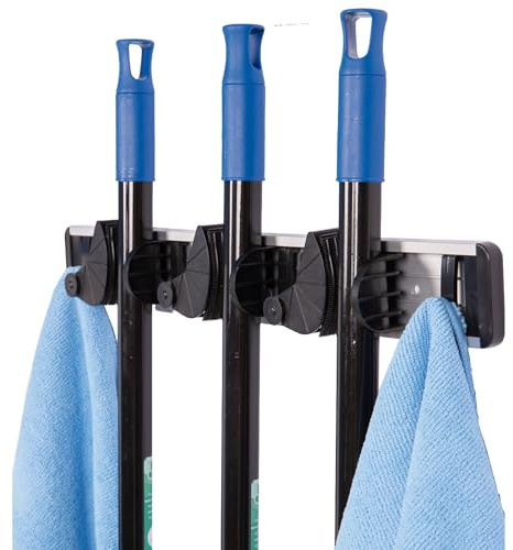 Cofan Colgador de escobas y fregonas con 3 soportes y 4 ganchos, Organizador de pared ajustable de aluminio y polipropileno, Fuerte y práctico, Ideal para artículos de limpieza