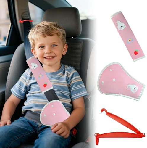 3PCS Seat Belt Pads for Kids, Seatbelt Covers Kids, Seatbelt Clip Suitable for Infants, Children and Adults (Pink with Rabbit Design)