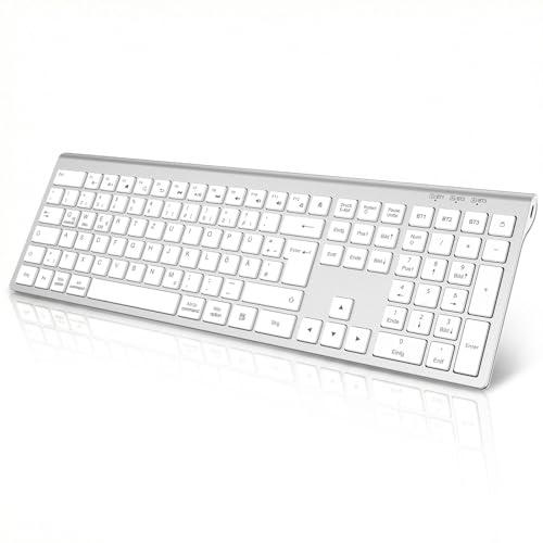 cimetech Bluetooth Tastatur Kabellos Aufladbar mit 3 Bluetooth Kanälen | Fullsize Wireless Keyboard Ultraslim, Deutsches Layout (QWERTZ), Leise Tasten Kompatibel für Windows PC, Chrome, Mac