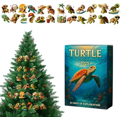 Schildkröten Adventskalender 2025, 24 Tage Weihnachts Countdown Kalender mit 2D niedlichen Meeresschildkröten Ornamenten, Maritime Sea Turtle Deko für Kinder und Meerliebhaber