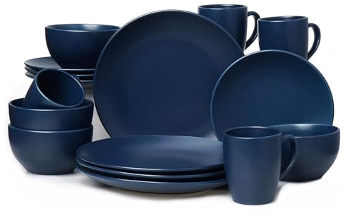 wocaxc16-Pieces Stoneware Dinnerware Set, Kitchen Dinnerware Ceramic Crockery Set, Dinner Service Set for 4, Include Dinner Plate, Dessert Plate, Cereal Bowl and Mug. (navy blue)