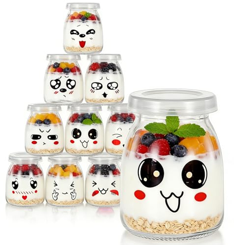 AndCarrotoy Pots à Yaourt en Verre avec Couvercle, 100ml, Lot de 10, Motifs Visages Kawaii