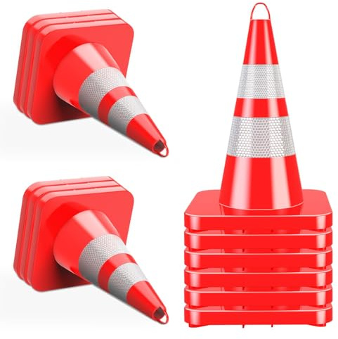 28 Inch Traffic Cones, 12 Pack, Orange Street Cones, Large Road Cones, PVC Safety Road Parking Cones w/ 4 Reflective Collar, Heavy Duty Construction Cones for Driving Practice