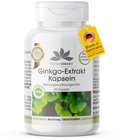 Ginkgo Biloba Extrakt 95mg - mit Flavonen und Lactonen - vegan - 90 Kapseln - schluckfreundlich | HERBADIREKT by Warnke Vitalstoffe - Deutsche Apothekenqualität