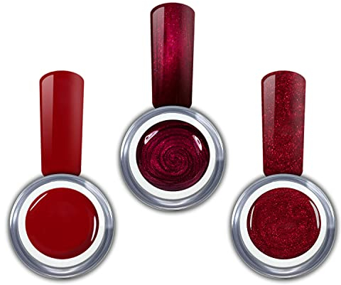 Farbgel Set Red Stars je ein Farb - Glitter - Metallic Ledgel Uv Gel in Rot Nageldesign Nagelgel 3x 5ml (3er Pack)