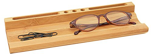 WEDO 0611807 Stiftschale Bambus Tisch Organizer mit Smartphone-Halter, 3 Stiftehalterungen, großer Ablageschale, 28 x 9 x 3.8 cm, braun