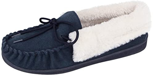 Cushion Walk Ladies Real Suede Leather Faux Sheepskin Fur Lined Moccasin Slippers Size 4-8 (UK 7/ EU 40, Navy)