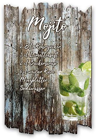 Wandbild Mojito Cocktail-Rezept aus Holz im Shabby Chic Landhaus-Stil - Holzschild Größe 30x20cm (Mojito)
