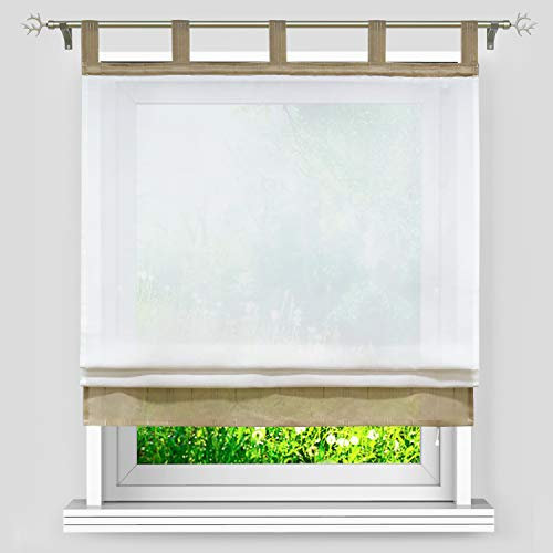 Heichkell Transparentes Raffrollo Raffgardine mit Schlaufen Leinenoptik Gardine Gestreifte Schlaufenrollo Braun BxH 80x140cm