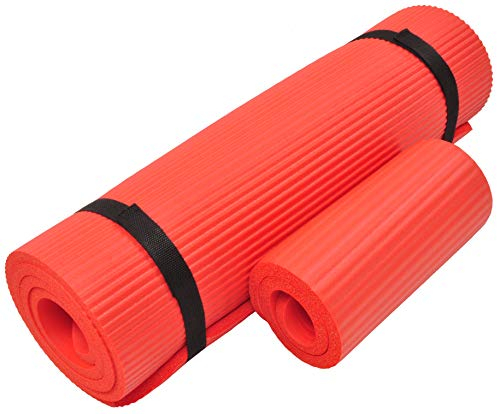 Fitvids Yogamatte mit Kniepolster und Tragegurt, extra dick, hohe Dichte, reißfest, 1,27 cm, Rot