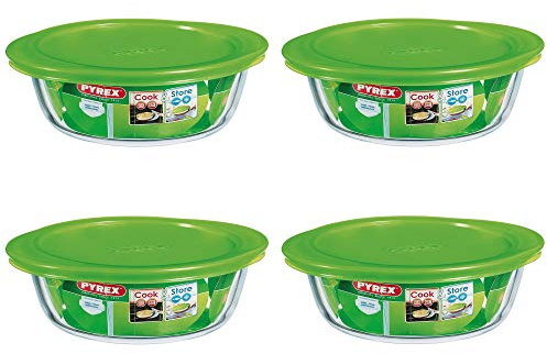 Pyrex Microwave Safe Classic Round Glass Dish with Vented Lid 1Litre Green (Pack of 4)
