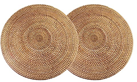 Set Mit 2 Handgewebten Tischsets aus Natürlichem Rattan Hitzebeständiger Unterlage Dreibein(Rund 35x35cm)