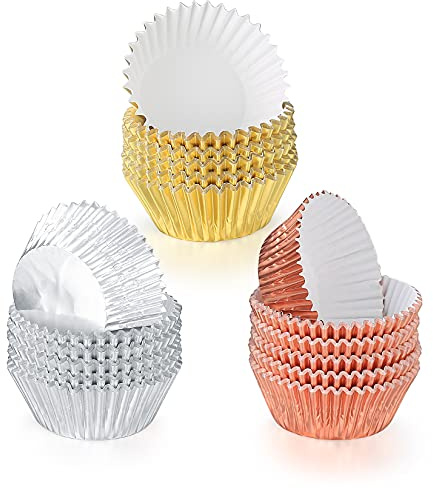 300 Pieces Foil Metallic Cupcake Cases, Muffin Cakes Paper Liners Cases, Wrappers Foil Baking Cups - Gold, Silver, Rose Gold