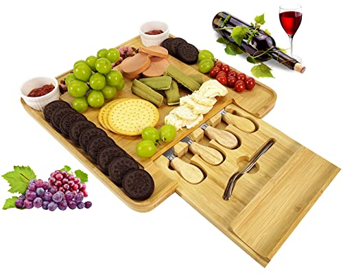 Cheese Board, Large Charcuterie Board Set, Bamboo Serving Platter, 4 Serving Knives and Utensils - Unique for Women-House Warming Gifts New Home,Wedding Gifts for Couple