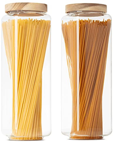 Econovo Spaghettiglas eckig 1800ml 2er Set, Nudeln Vorratsglas luftdicht | Hohes eckiges Vorratsglas für Spaghetti und Pasta, mundgeblasenes Borosilikatglas, Holzdeckel mit Silikonring, stapelbar