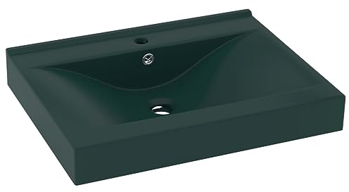 vidaXL Luxus Waschbecken mit Hahnloch Waschtisch Aufsatzwaschbecken Waschplatz Handwaschbecken Aufsatzwaschtisch Matt Dunkelgrün 60x46cm Keramik