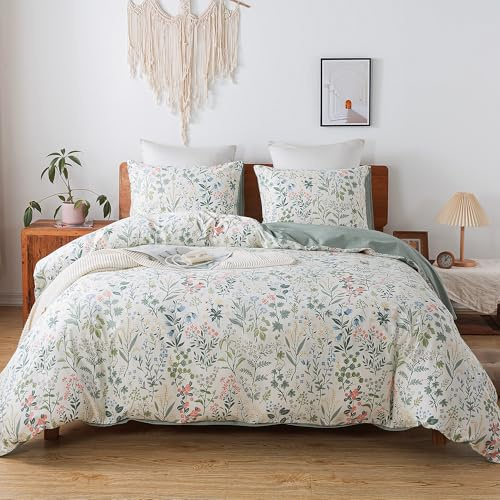 HoneiLife King Size 100% Cotton Floral Breathable Duvet Cover with Zipper Closure & Corner Ties,3pcs Wildflower Comforter Cover Sets- Fragrant Grass